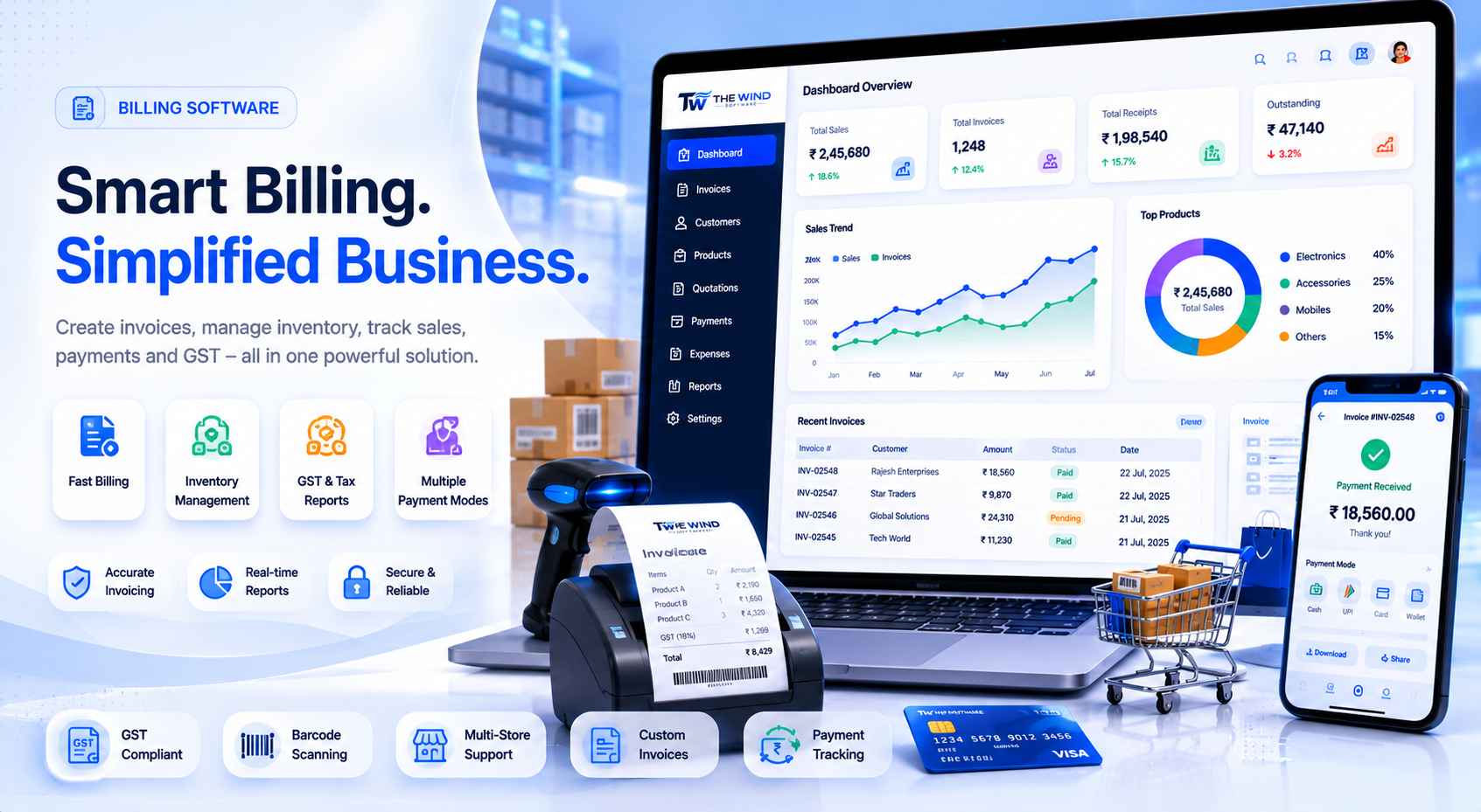 Billing software dashboard on laptop and mobile with GST invoicing and payment tracking