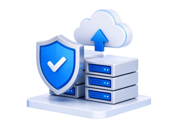 Secure cloud infrastructure — shield, servers, and cloud sync